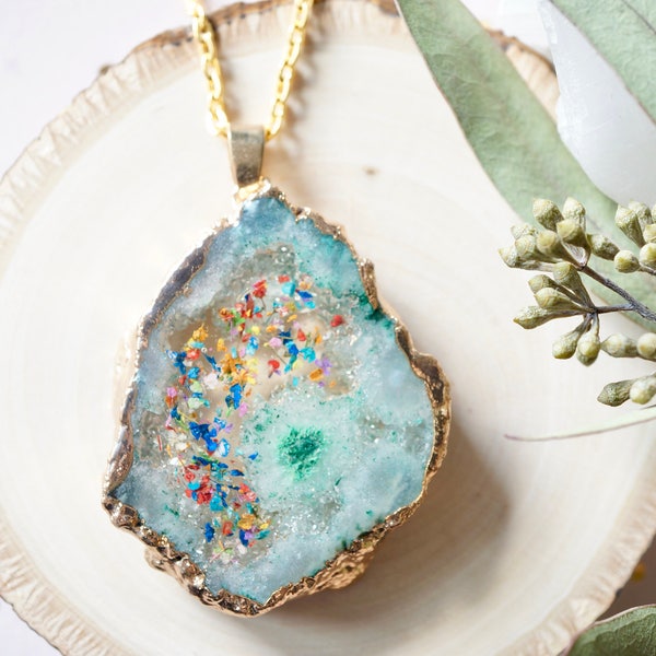 Real Dried Flowers and Resin Necklace, Mint Green Druzy Geode in Party Mix