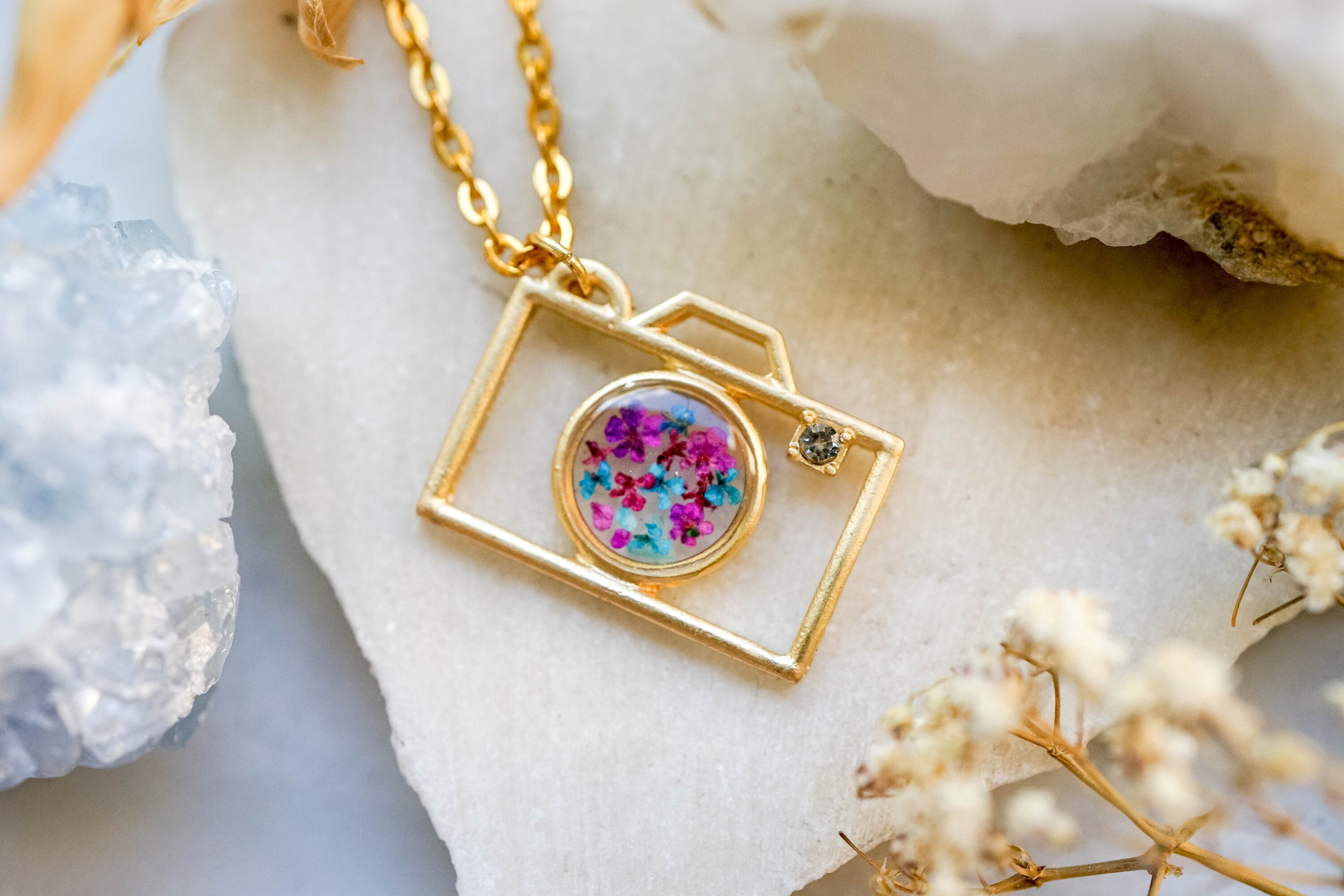 Real Pressed Flowers in Resin, Gold Camera Necklace with Purple Pink Teal Flowers - Thumbnail 6
