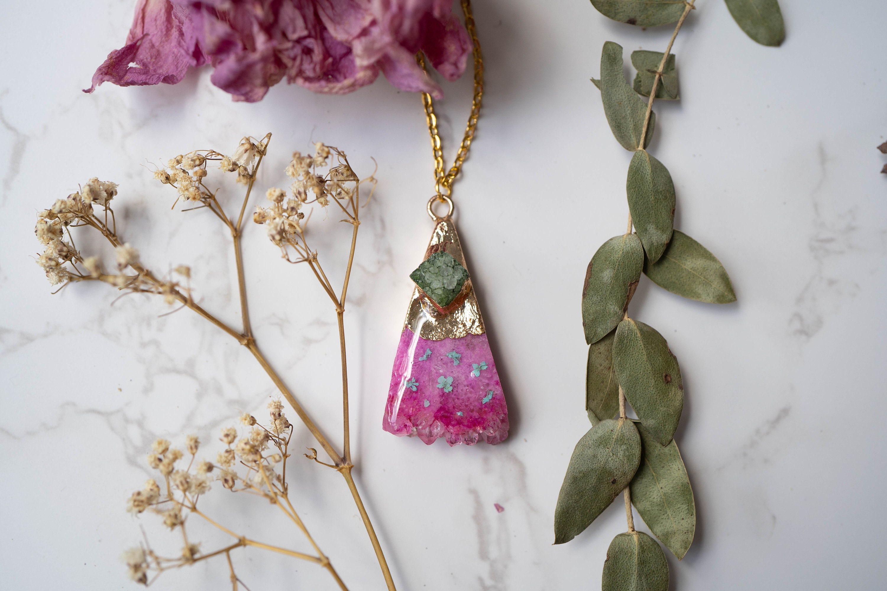 Real Pressed Flowers in Resin, Gold Druzy Geode Necklace in Pink and Mint - Thumbnail 5