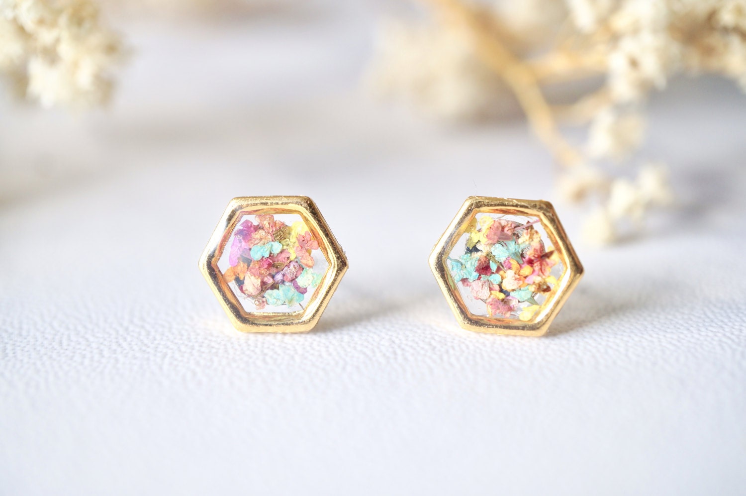 Real Pressed Flowers and Resin Hexagon Gold Stud Earrings in Pastel Mix
