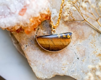 Real Pressed Flowers in Resin, Tigers Eye Necklace with Orange Flowers