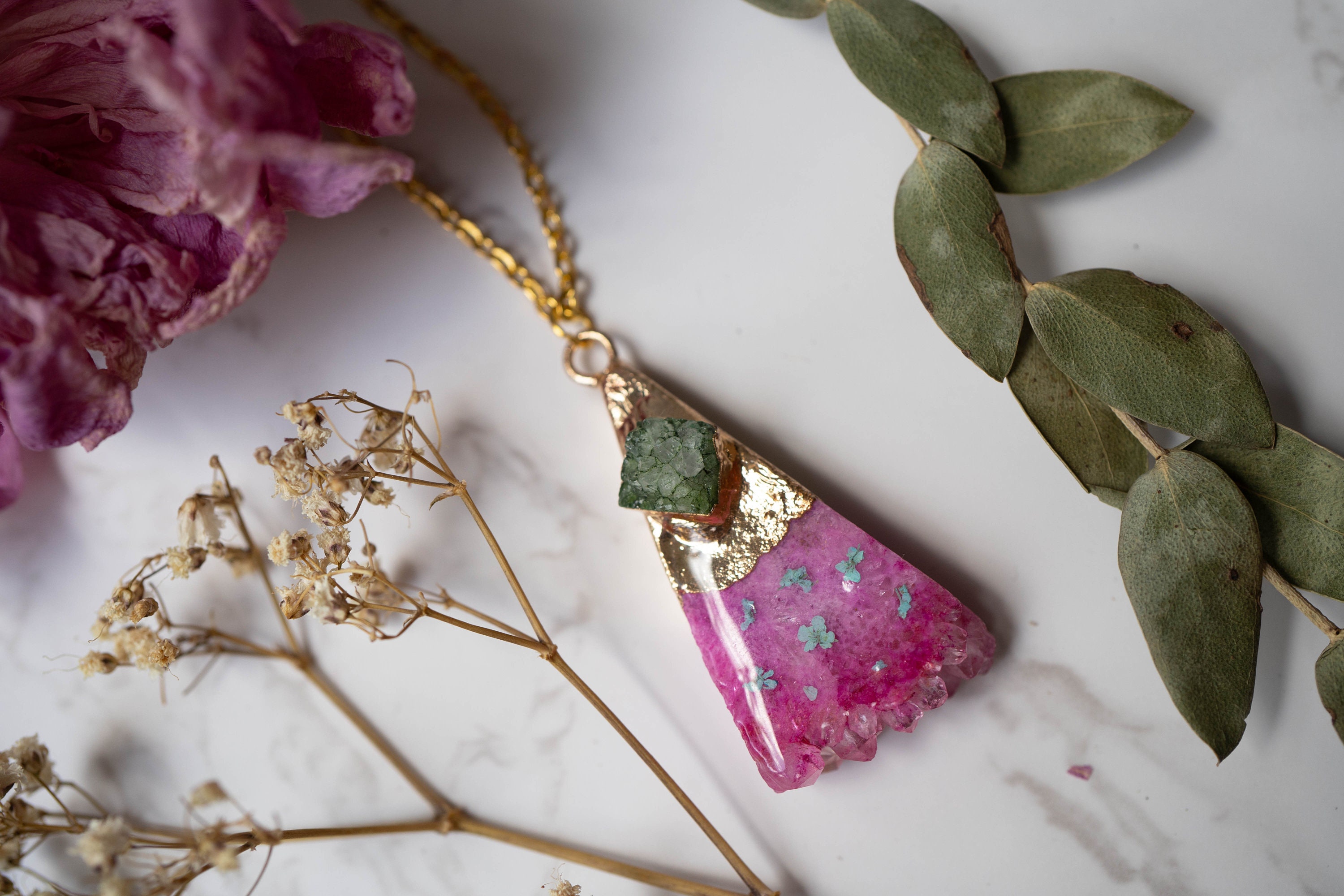Real Pressed Flowers in Resin, Gold Druzy Geode Necklace in Pink and Mint - Thumbnail 4