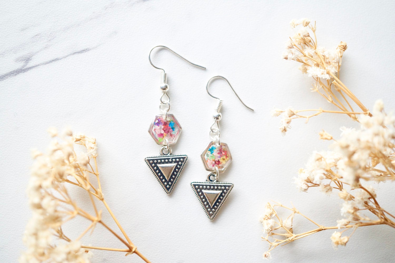 Real Pressed Flowers and Resin Earrings in Silver and Party Mix with Tribal Boho Arrowhead