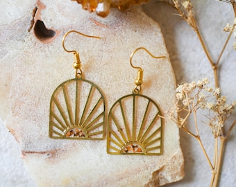 Real Pressed Flowers Earrings, Gold Drops in Green Pink Orange