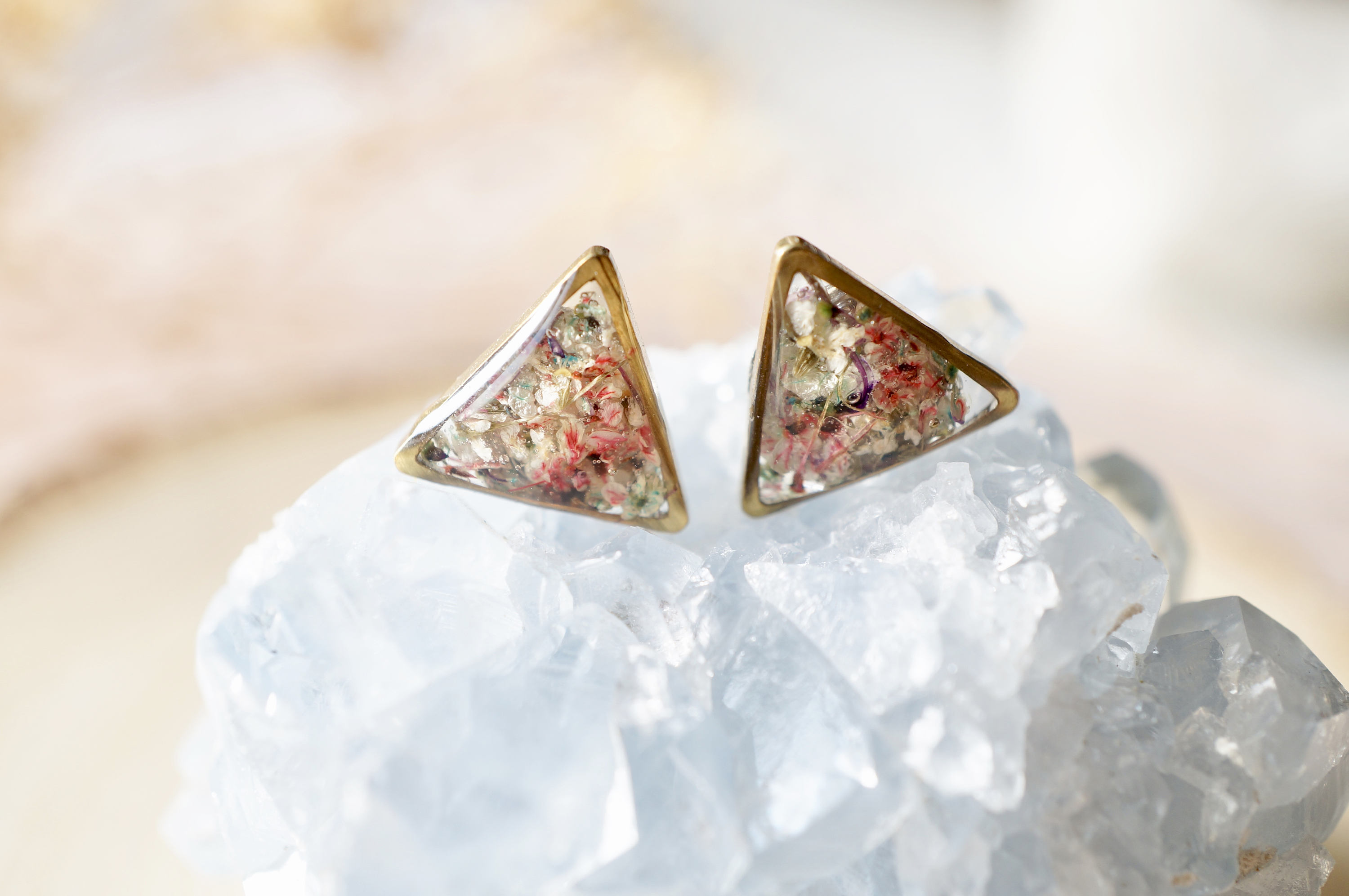 Real Pressed Flowers and Resin Triangle Stud Earrings in Baby Blue Pink Purple White