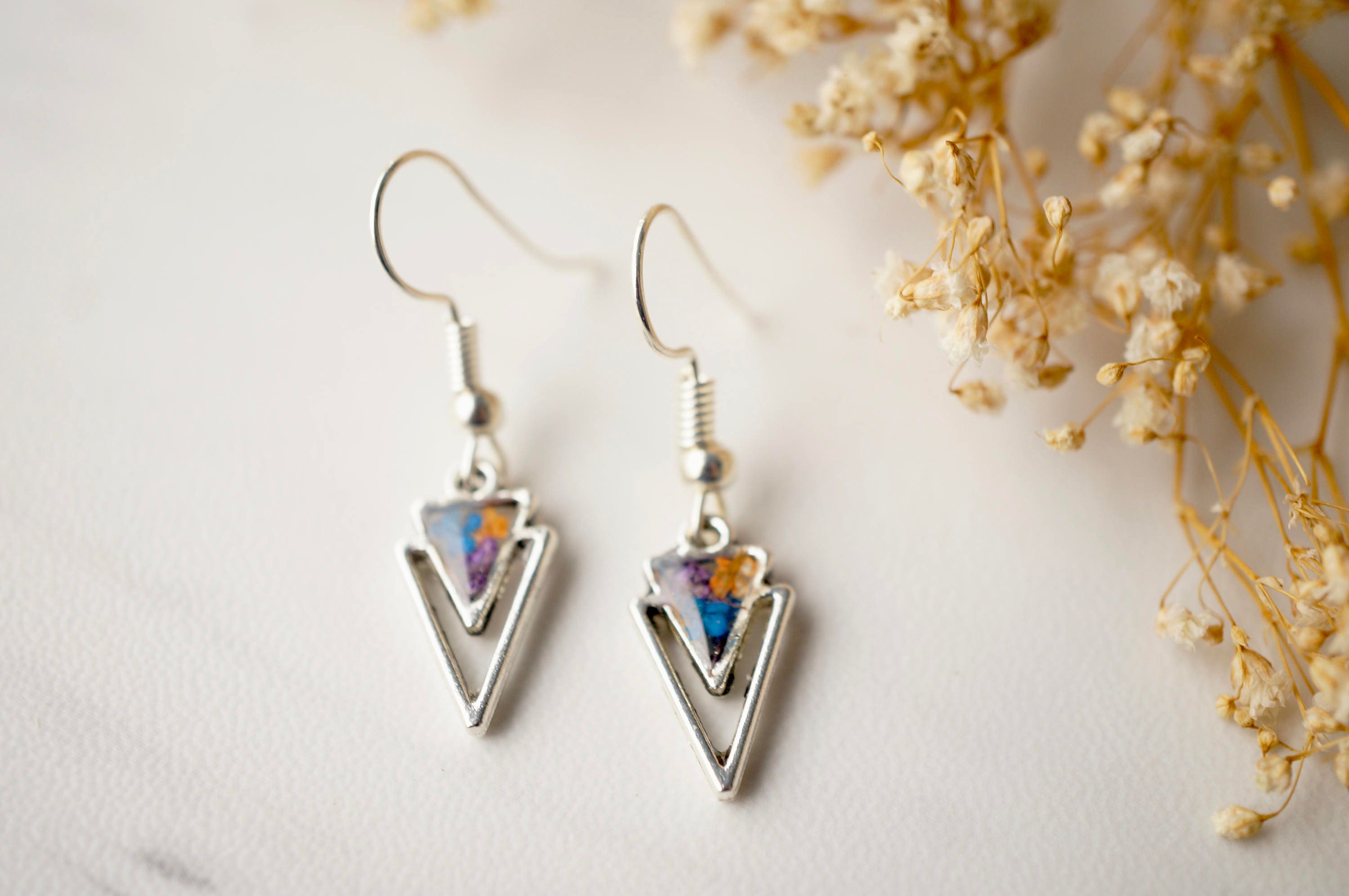 Real Pressed Flowers and Resin Earrings, Silver Arrowhead Drops in Purple Blue Orange - Thumbnail 5