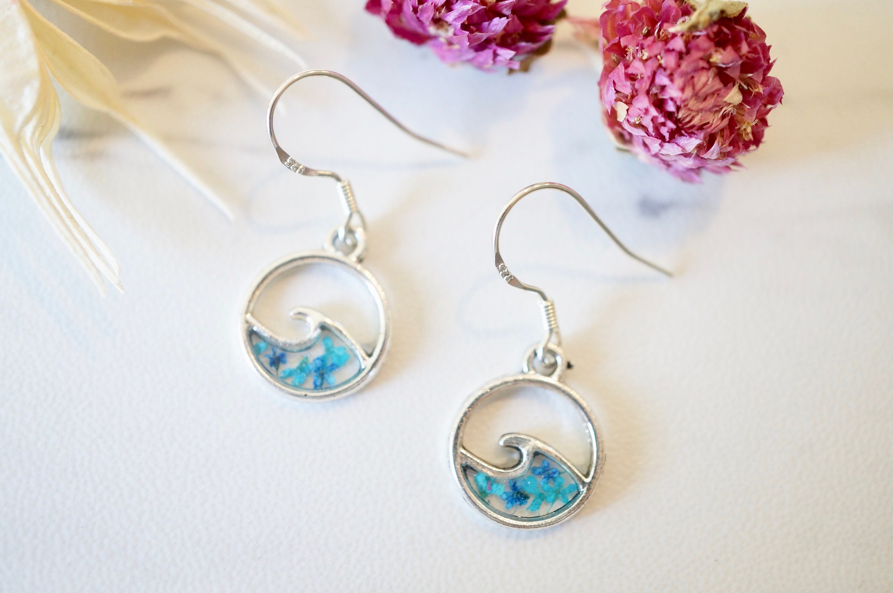Real Pressed Flowers and Resin Dangle Earrings, Small Silver Waves in Teal and Blue - Thumbnail 2