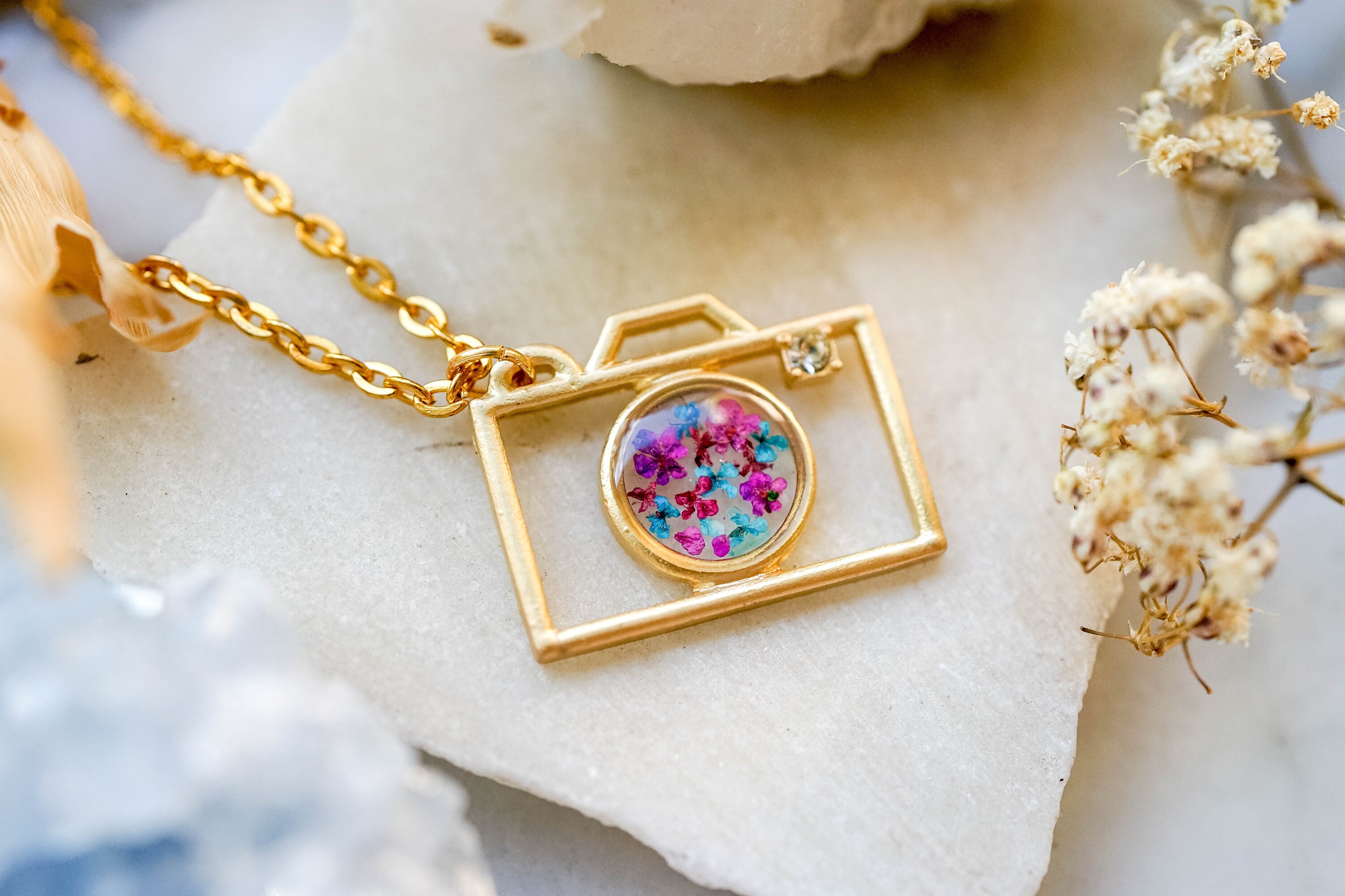 Real Pressed Flowers in Resin, Gold Camera Necklace with Purple Pink Teal Flowers - Thumbnail 4