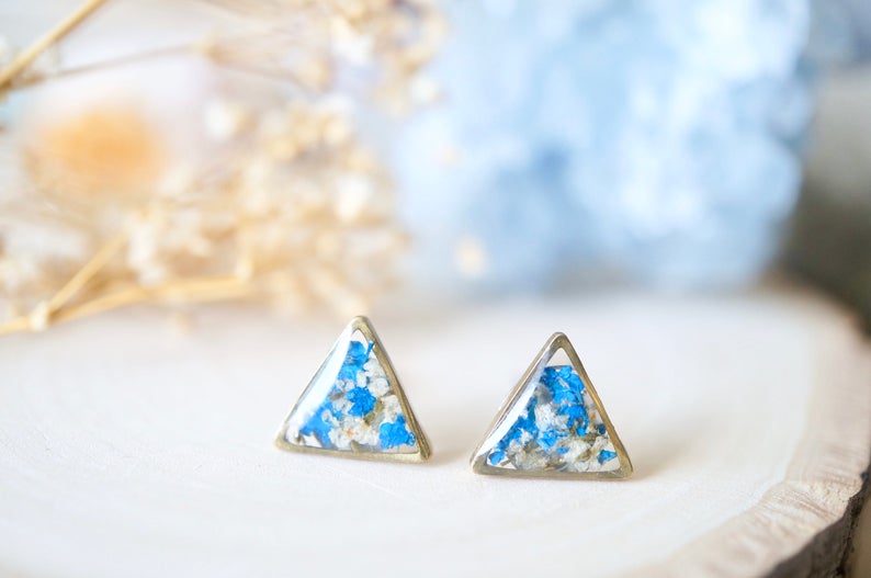 Real Pressed Flowers and Resin Triangle Stud Earrings in White and Cobalt Blue image 3