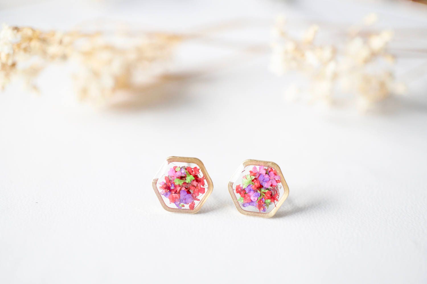 Real Pressed Flowers and Resin Stud Earrings, Gold Hexagon in Neon Mix - Thumbnail 2