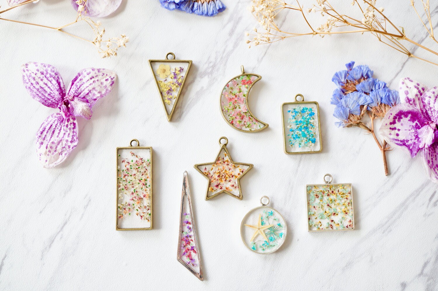 Real Pressed Flowers in Resin Necklace, Silver Mermaid in Pink Orange Yellow Mix - Thumbnail 3