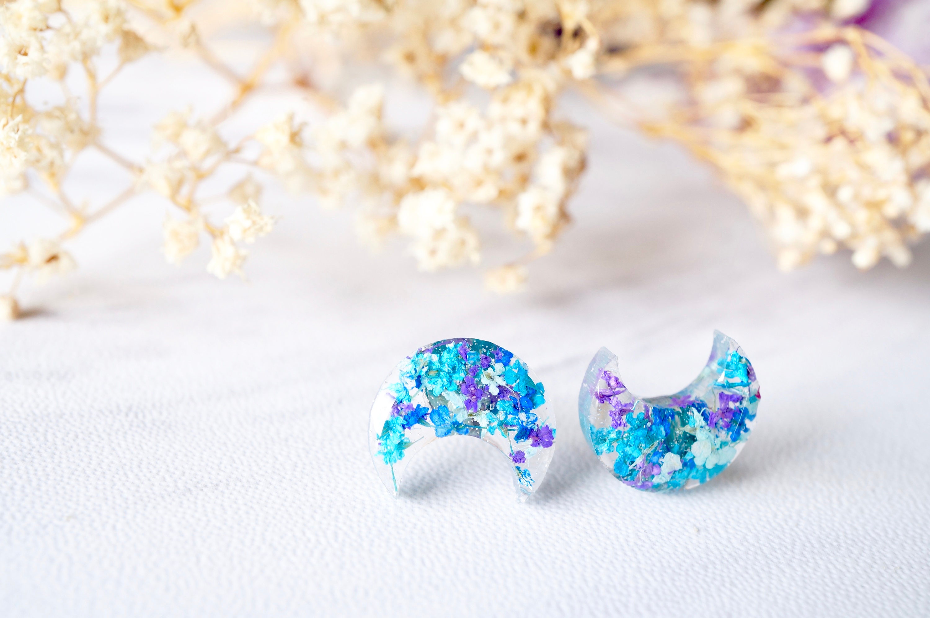 Real Pressed Flowers and Celestial Resin Moon Stud Earrings in Purple Blue Teal Mint - Thumbnail 3