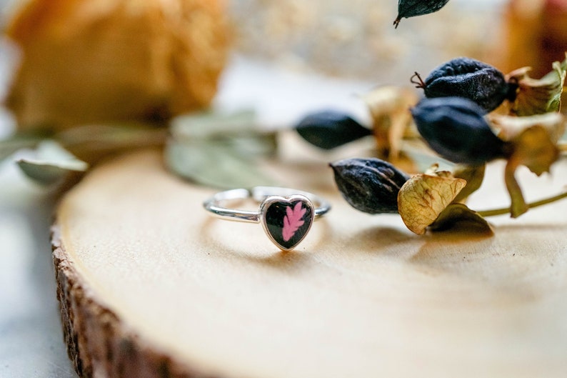 Real Pressed Flower and Resin Ring, Black and Silver Heart with Pink Fern image 1