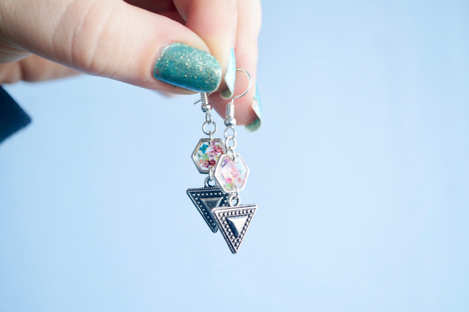 Real Pressed Flowers and Resin Earrings in Silver and Party Mix with Tribal Boho Arrowhead - Thumbnail 2