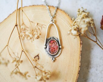 Real Pressed Flowers in Resin, Gold Moon Phase Necklace with Heather Flower and Green Dragon Lepidium
