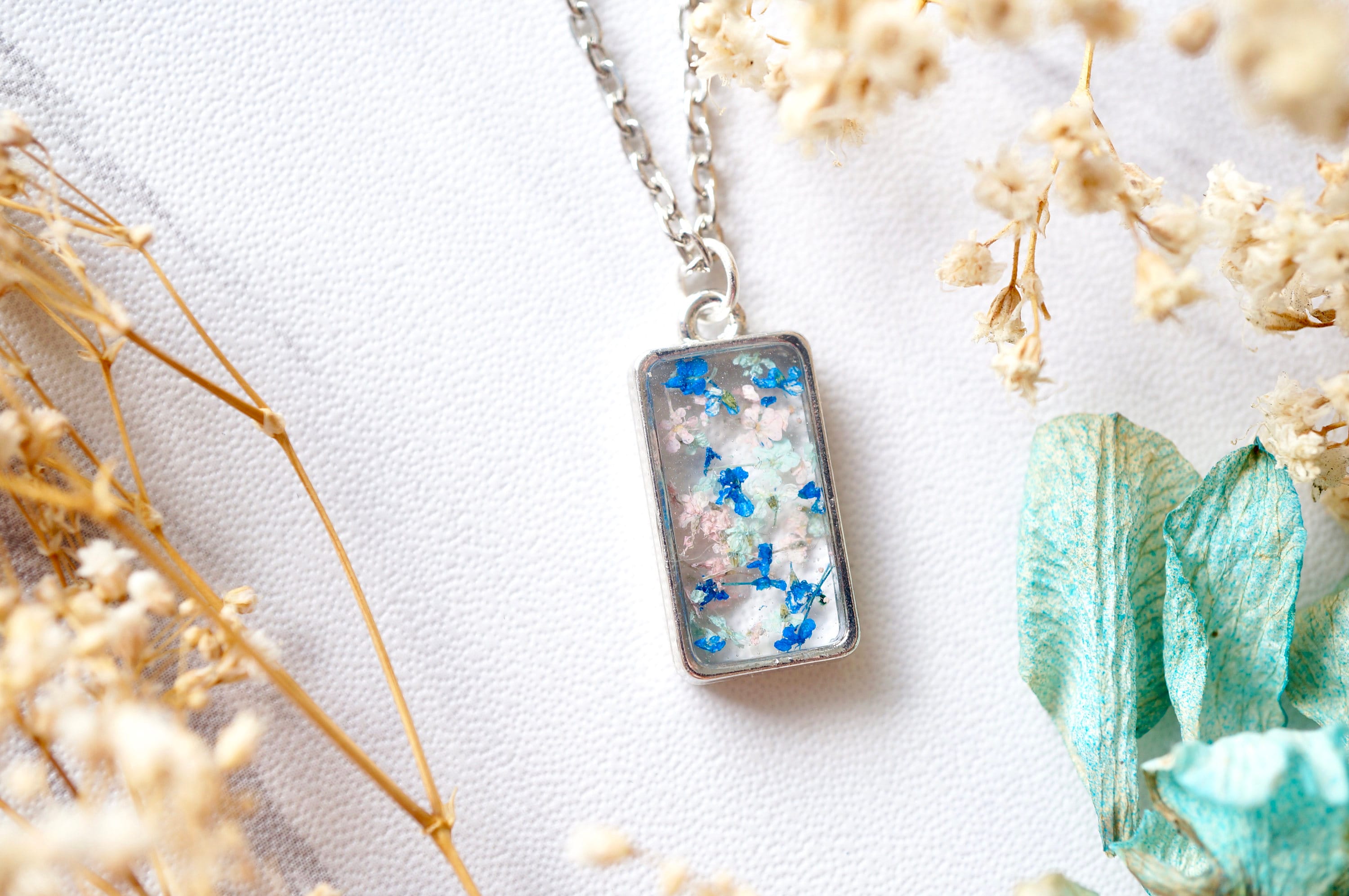 Real Pressed Flowers in Resin Necklace, Silver Rectangle in Pink Mint Blue - Thumbnail 2