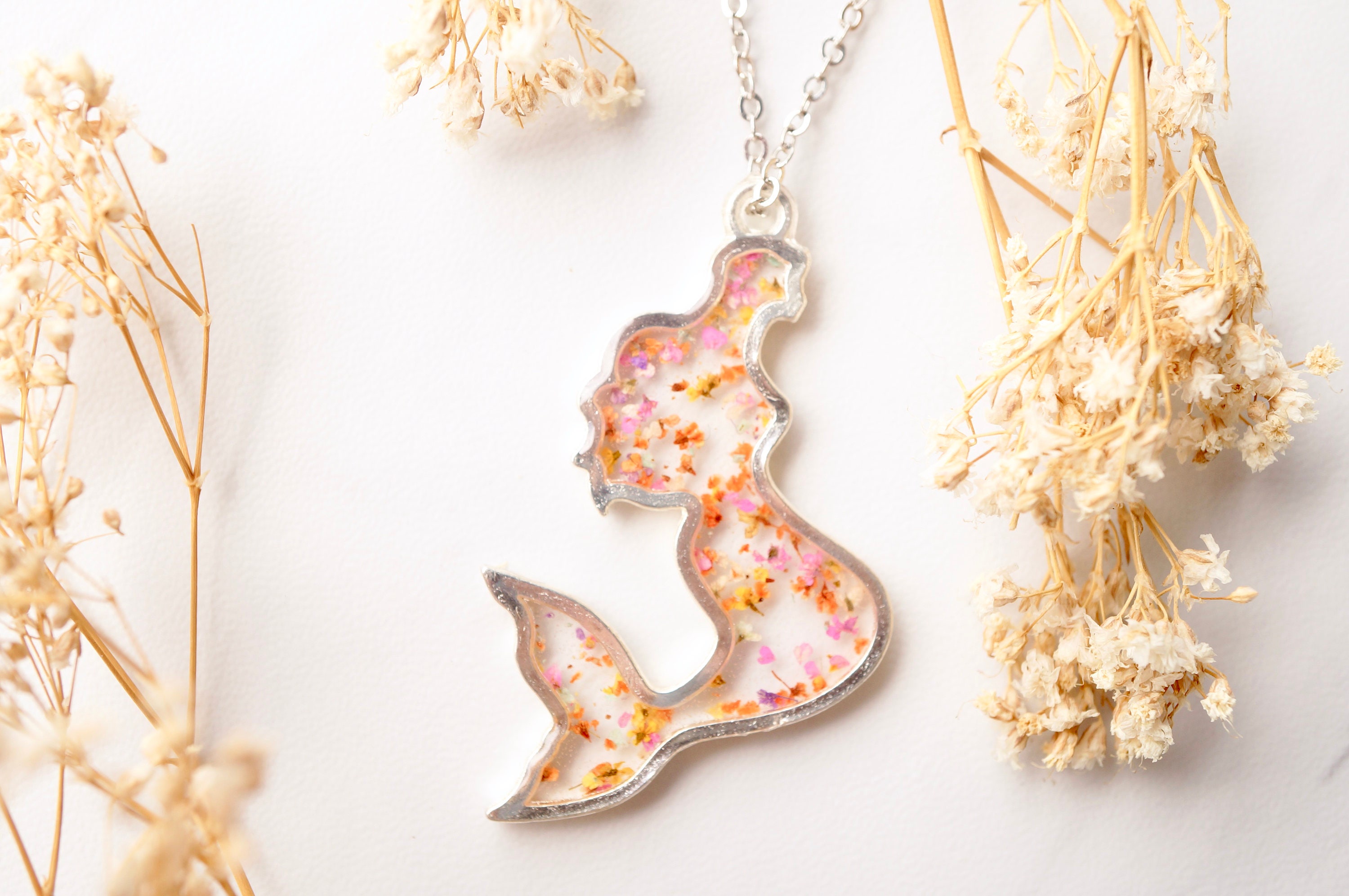 Real Pressed Flowers in Resin Necklace, Silver Mermaid in Pink Orange Yellow Mix - Thumbnail 4