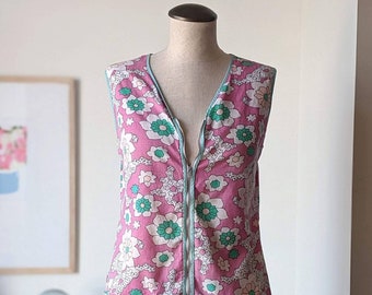 70s vintage pink floral zipper vest