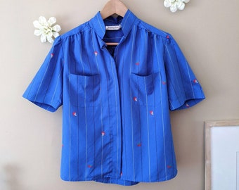 VINTAGE 80s blue abstract print button up blouse