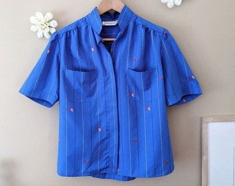 80s blue abstract print button up blouse, size 10