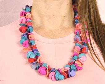 rainbow double strand wood beaded necklace, pastel multi strand statement necklace, Hawaiian lei style necklace, 26"