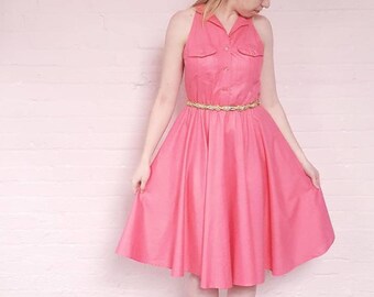 retro pink fit and flare dress, rockabilly pinup sundress, button front shirtdress, sleeveless full circle dress, vlv summer dress, large