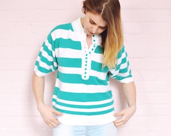 80s teal white striped henley sweater, soft long sleeve pullover, preppy knit polo sweater, menswear inspired top for women, batwing, medium