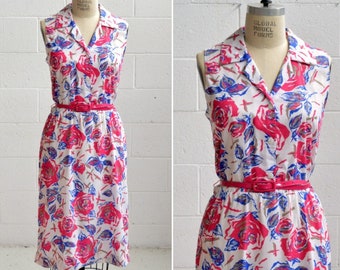 70s pink floral shirt dress · bright pink blue a line midi dress · sleeveless dress with belt · long preppy mad men dress · large