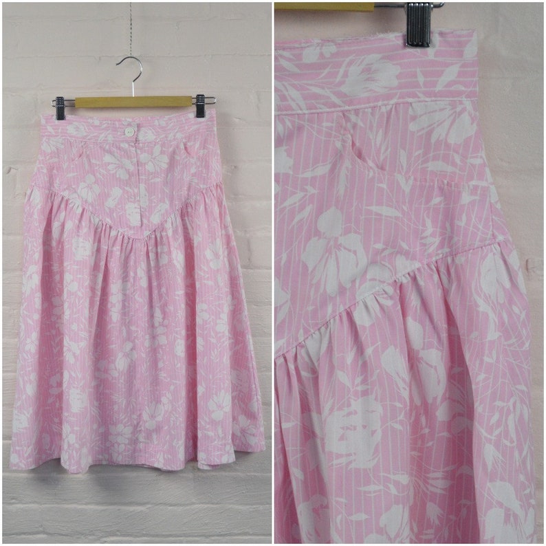 1980s pink & white drop waist skirt, high waisted floral print skirt, knee length skirt with pockets, small image 2