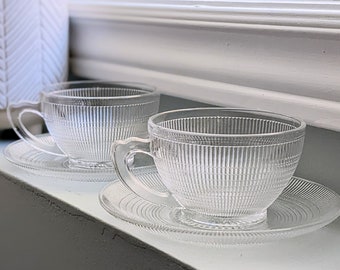 set of 2 vintage dominion glass tea cups & saucers