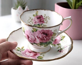 royal albert "american beauty" pink rose print tea cup and saucer