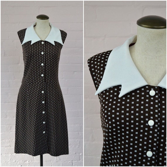 1970s brown white polka dot dress · sleeveless bu… - image 1