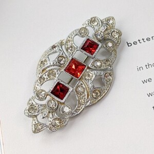 silver & red rhinestone costume statement brooch image 3