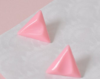 pink triangle tricorn stud earrings, 80s geometric shaped earrings, small stud earrings, baby pink earrings