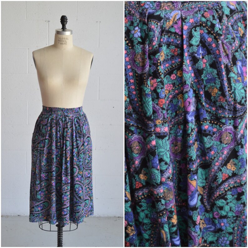1980s purple floral skirt \u00b7 knee length ditsy print skirt \u00b7 side pocket abstract print skirt \u00b7 casual fun bright high waisted skirt \u00b7 medium