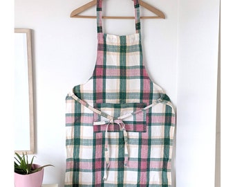 90s pink & green plaid apron with gold accents