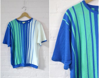 1980s striped pullover · retro knit cozy short sleeve sweater · vintage crew neck oversized top · blue green white striped top · xxlarge