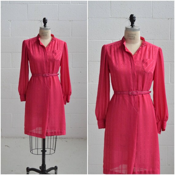 1970s fuchsia pink shirt dress · long sleeve sheer