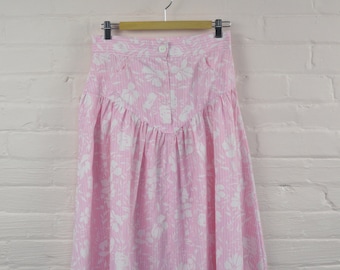 1980s pink & white drop waist skirt, high waisted floral print skirt, knee length skirt with pockets, small