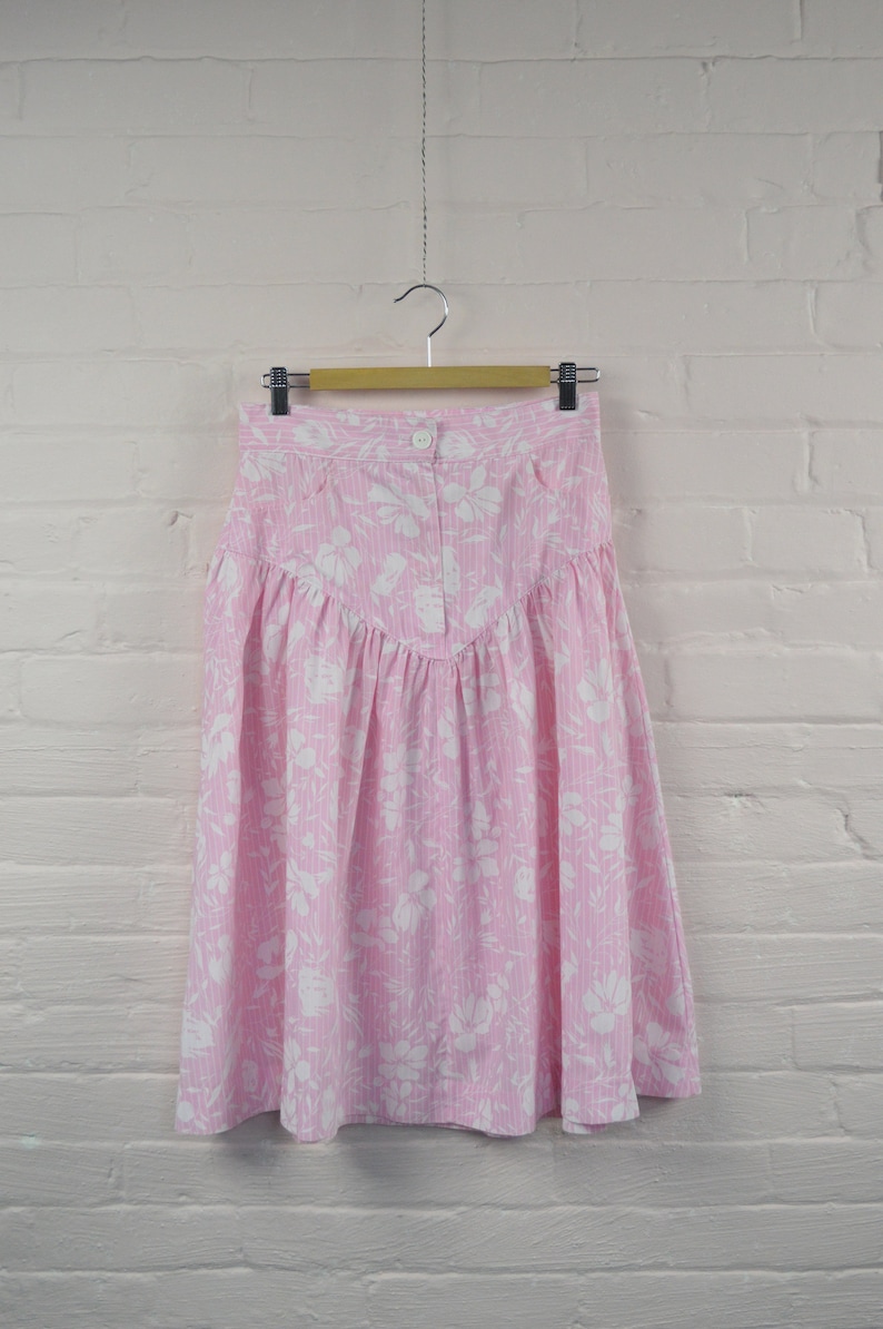 1980s pink & white drop waist skirt, high waisted floral print skirt, knee length skirt with pockets, small image 1