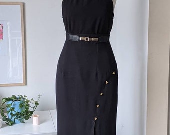 90s long black pencil skirt with gold tone heart detail/ fits like small