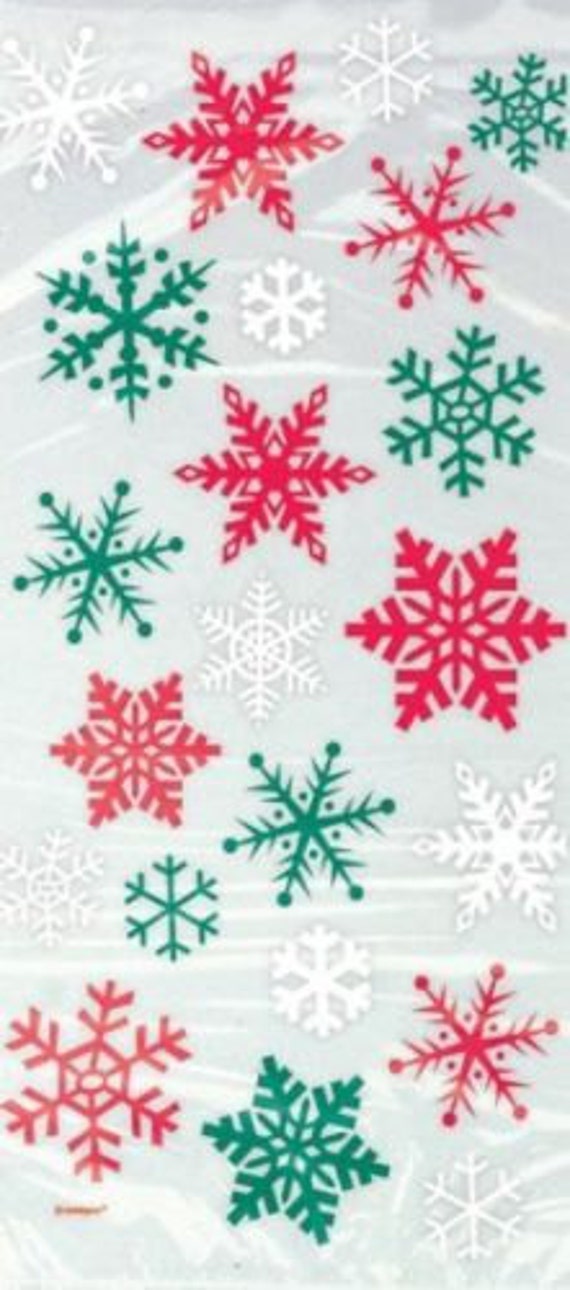 Pack of 20 RED and GREEN SNOWFLAKES Christmas Cellophane Bags