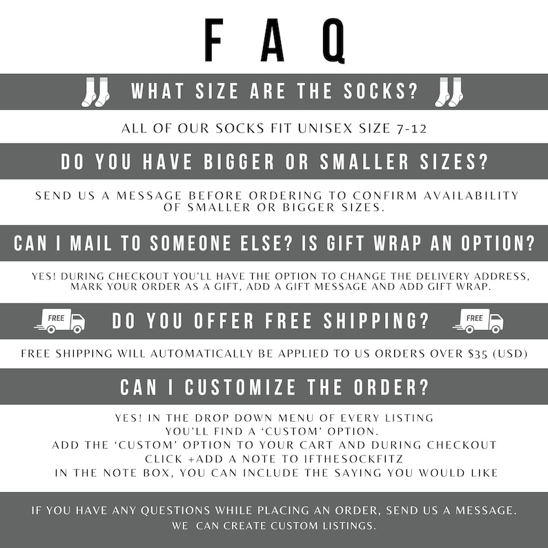 K&ouml;nnte beinhalten: FAQ zu Socken, einschlie&szlig;lich Gr&ouml;&szlig;e, Versand und Anpassungsm&ouml;glichkeiten. Alle Socken passen zu Unisex-Gr&ouml;&szlig;en 7-12. Kostenloser Versand wird f&uuml;r Bestellungen aus Deutschland &uuml;ber 35 &euro; angeboten. Kunden k&ouml;nnen eine Notiz zu ihrer Bestellung mit einer individuellen Nachricht hinzuf&uuml;gen.