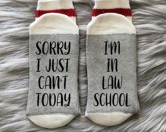 May include: A pair of gray and white socks with red stripes. One sock says "Sorry I just can't today" and the other says "I'm in law school".