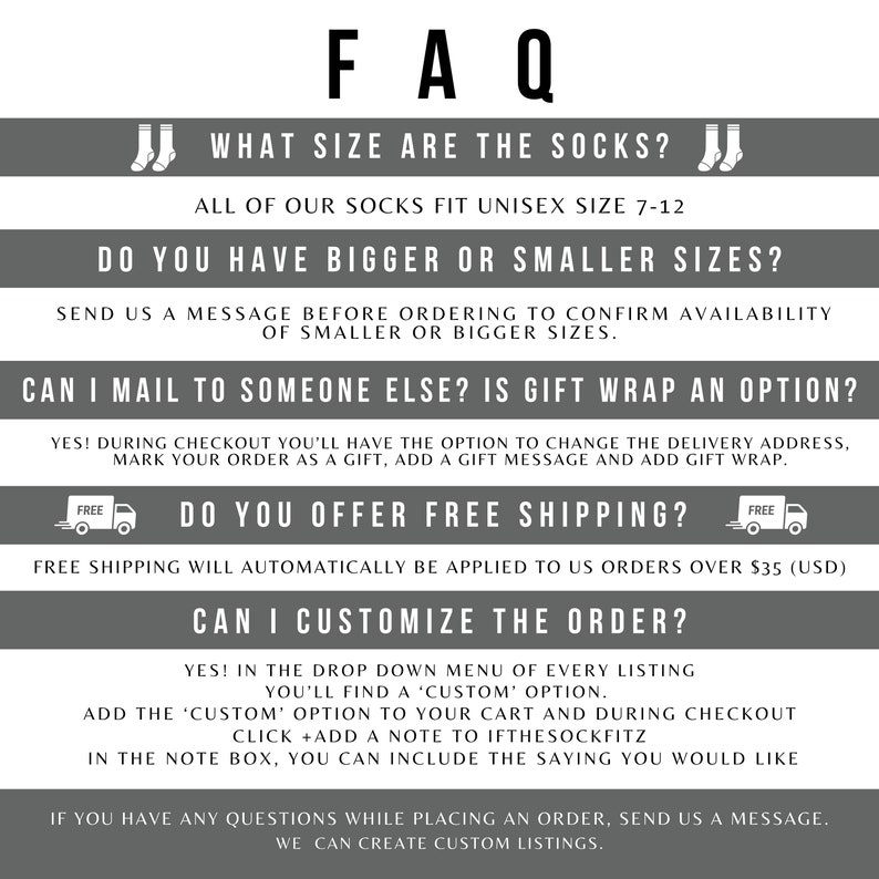 Puede incluir: Preguntas frecuentes sobre calcetines, incluyendo tallas, env&iacute;o y opciones de personalizaci&oacute;n. Todos los calcetines se ajustan a tallas unisex 7-12. El env&iacute;o gratuito se ofrece para pedidos espa&ntilde;oles superiores a 35 &euro;. Los clientes pueden agregar una nota a su pedido con un mensaje personalizado.