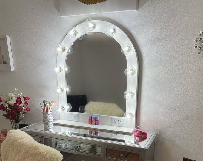 White Arched Vanity Mirror with lights 32 x 28 - Made in the USA