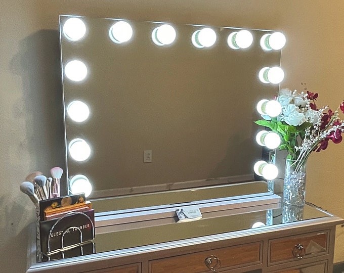 Large Frameless vanity mirror with lights and mirror desk 32 x 27