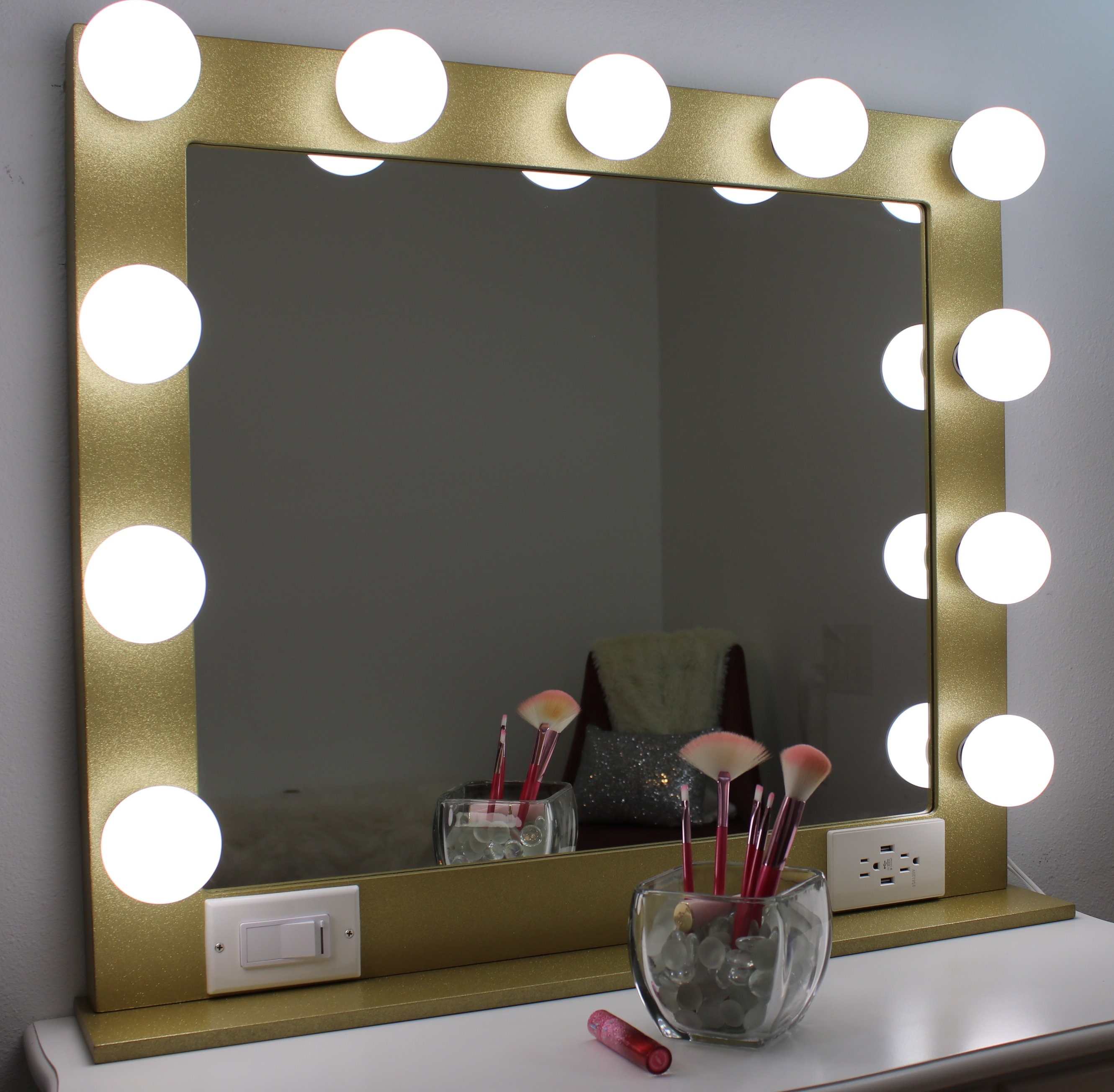 Gold glitter vanity mirror with lights 32 x 28 Made in the USA