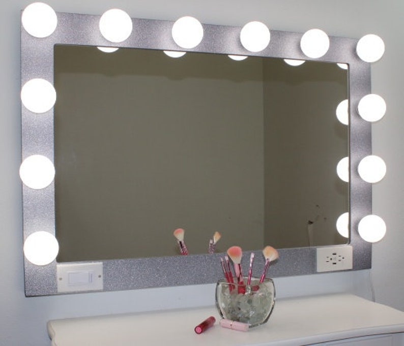 Silver Glitter Vanity Mirror With Lights 40 X 28 Made in the Etsy
