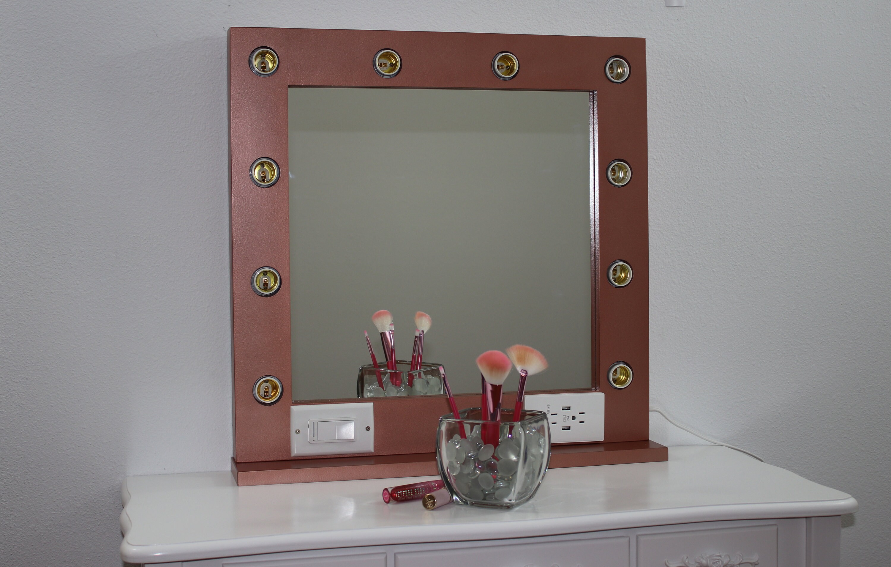 Rose gold vanity mirror with lights 24 x 24 Made in the USA